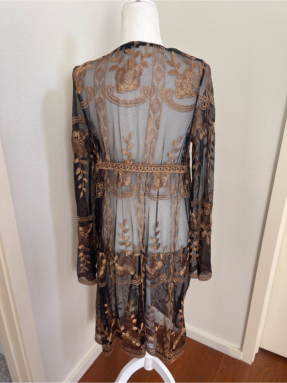 Haute Monde Sheer Floral Metallic Embroidery Duster Boho Kimono Size Medium - Picture 7 of 10